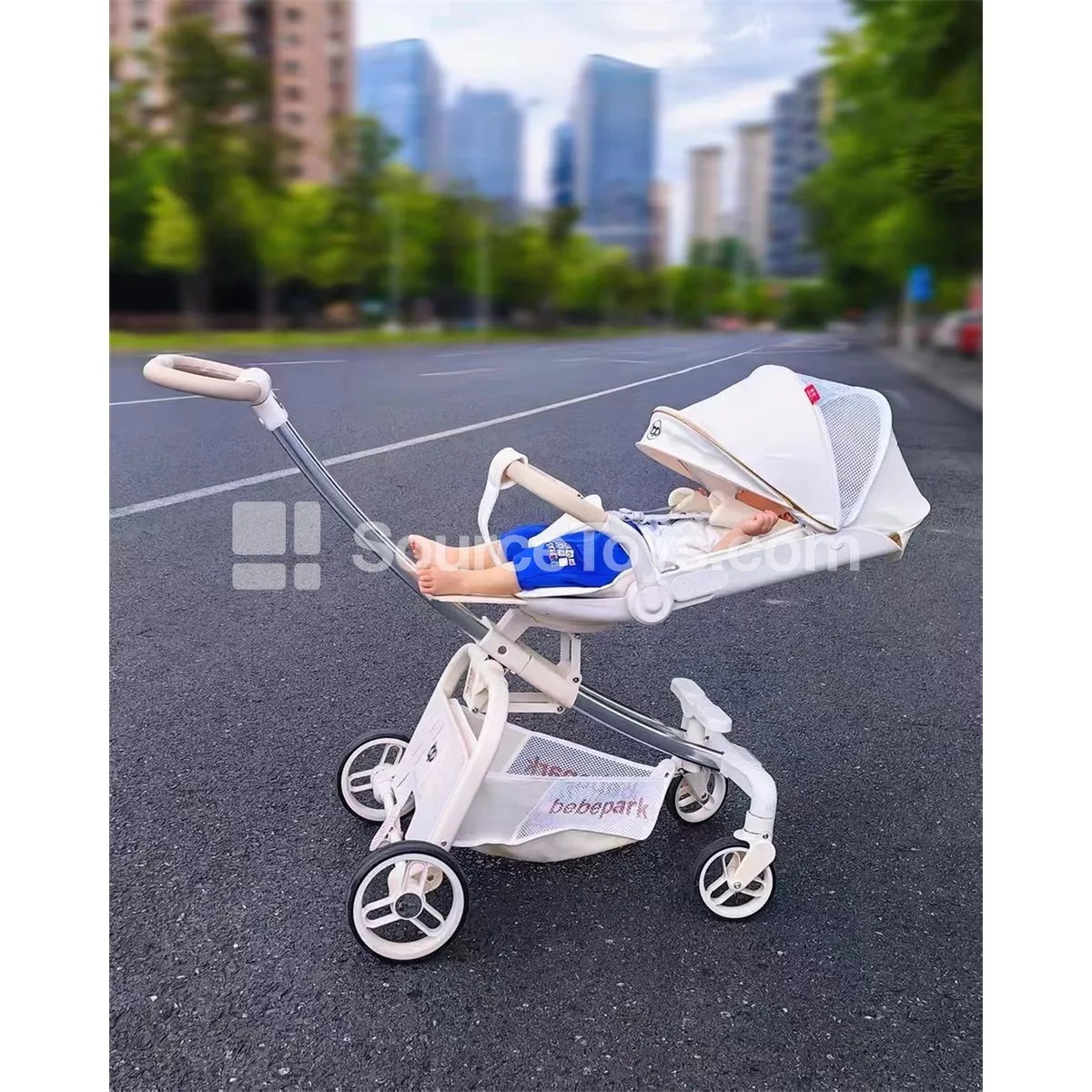 Baby Stroller with Canopy (Khaki, Black, White, Purple)