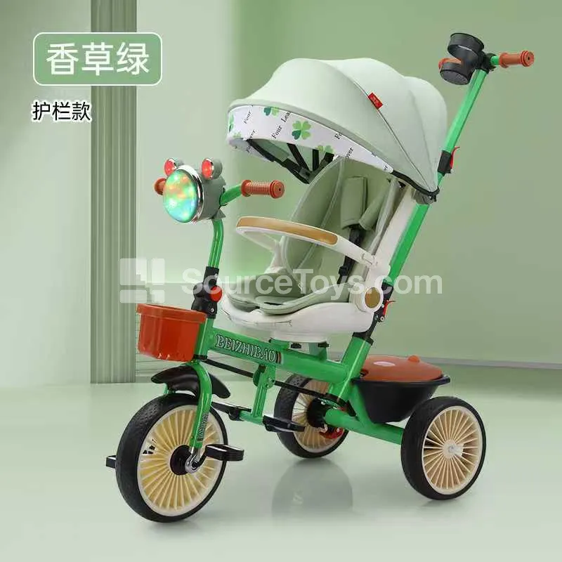 Children's Foot Pedal Tricycle with Canopy, Basket, Push Handle, Guardrail, and Lights (White & Green)