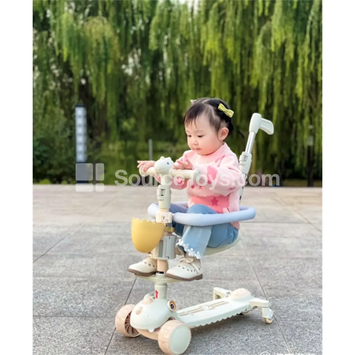 Dinosaur Egg Basket Kids Scooter with Full Fence Seat and Push Handle (Pink, Yellow, Green)