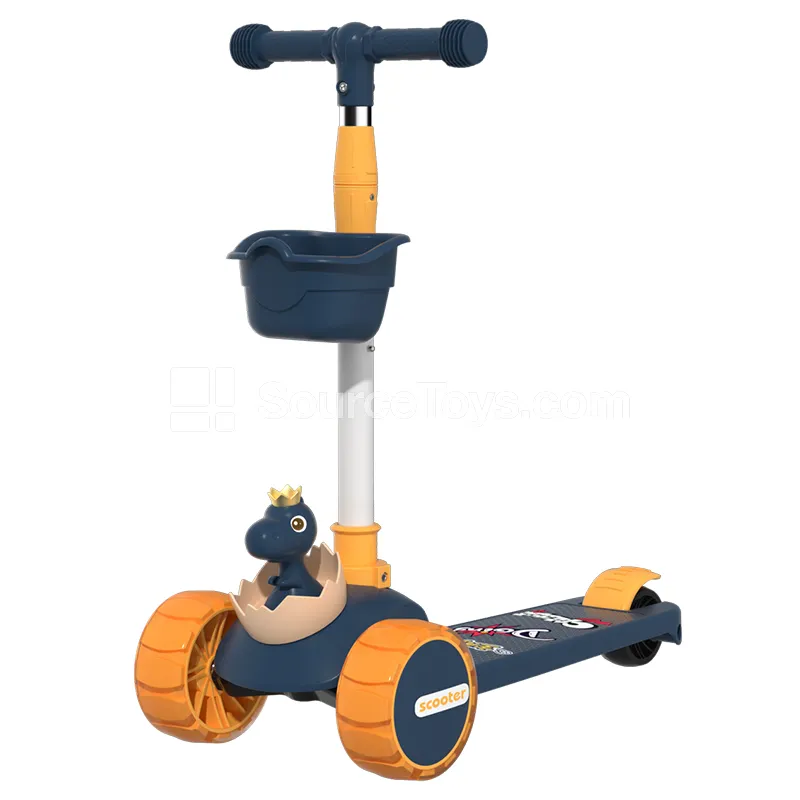 Cartoon Dinosaur Scooter with Large Wheels and Basket (Blue, Green, Pink)