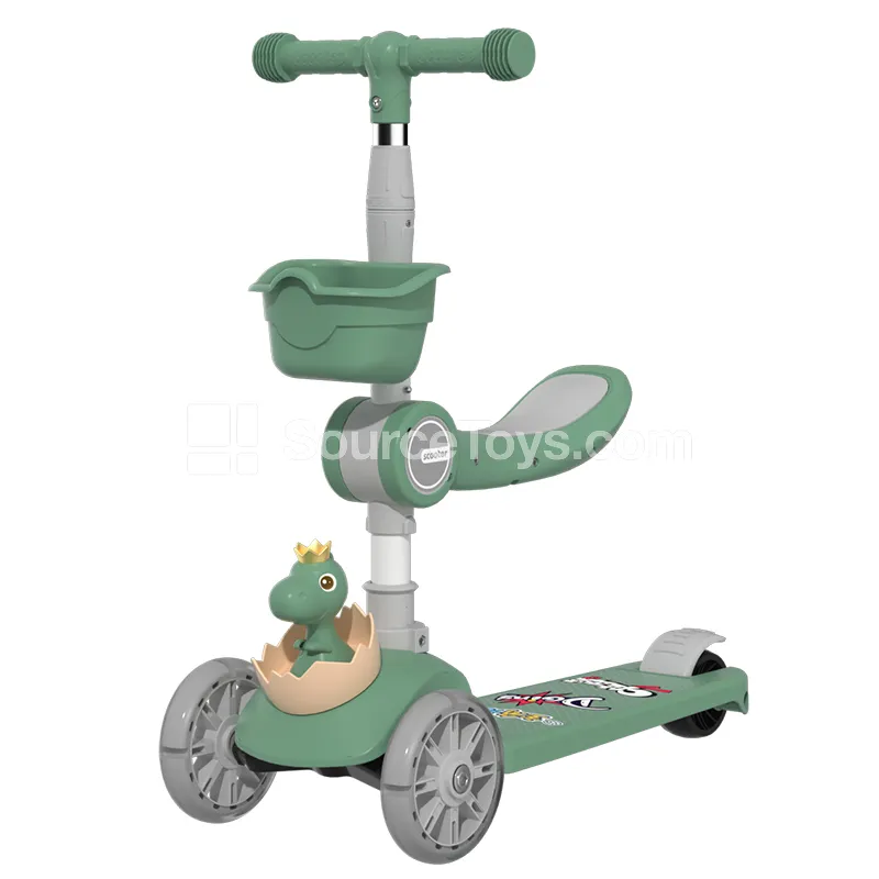 Cartoon Dinosaur Scooter with Small Wheels, Seat & Basket (Blue, Green, Pink)