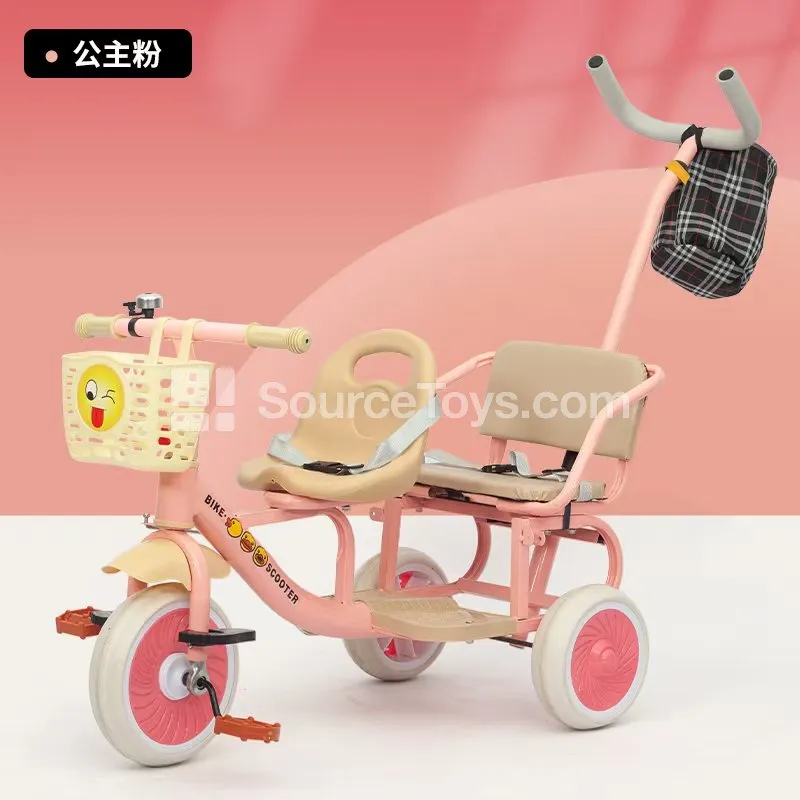Tricycle with Double Seat, Basket, and Push Handle (Pink, Yellow, Green)