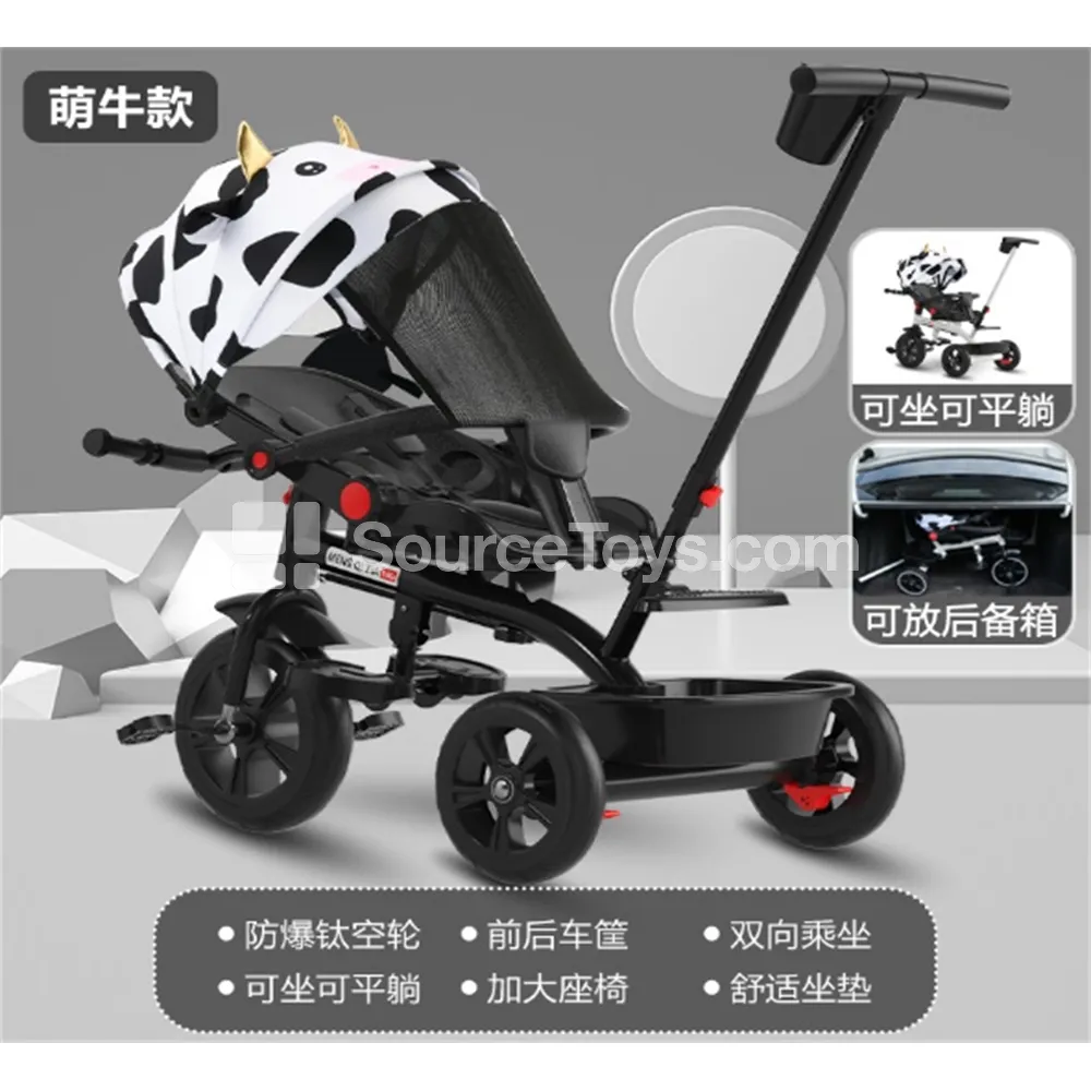 Three-Wheel Baby Stroller Black Frame with Cow Print Canopy and Sunshade Three-Wheel Baby Stroller Black Frame with Cow Print Canopy and Sunshade