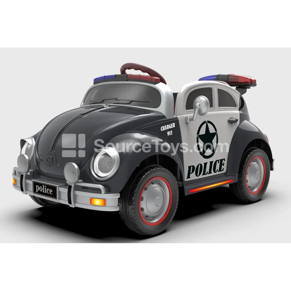 Electric Remote Control Double-Drive Double-Door Retro Beetle Vintage Car (Police Light, Red, Black)