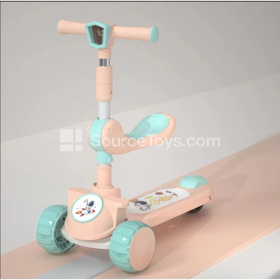 Light-Up Handlebar Scooter with Seat, Spaceman Design (Sakura Pink / Fresh Green / Khaki White)