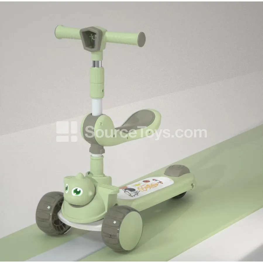 Cartoon Dinosaur Scooter with Handlebar Lights and Seat (Sakura Pink / Fresh Green / Khaki White)