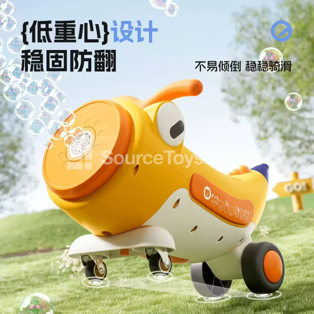 Cartoon Bubble Scooter with Lights & Music (Yellow, Blue, Purple)