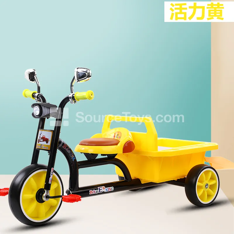 Children's Pedal Tricycle with Bucket, Light, and Anti-Tip Design (Red, Blue, Yellow)