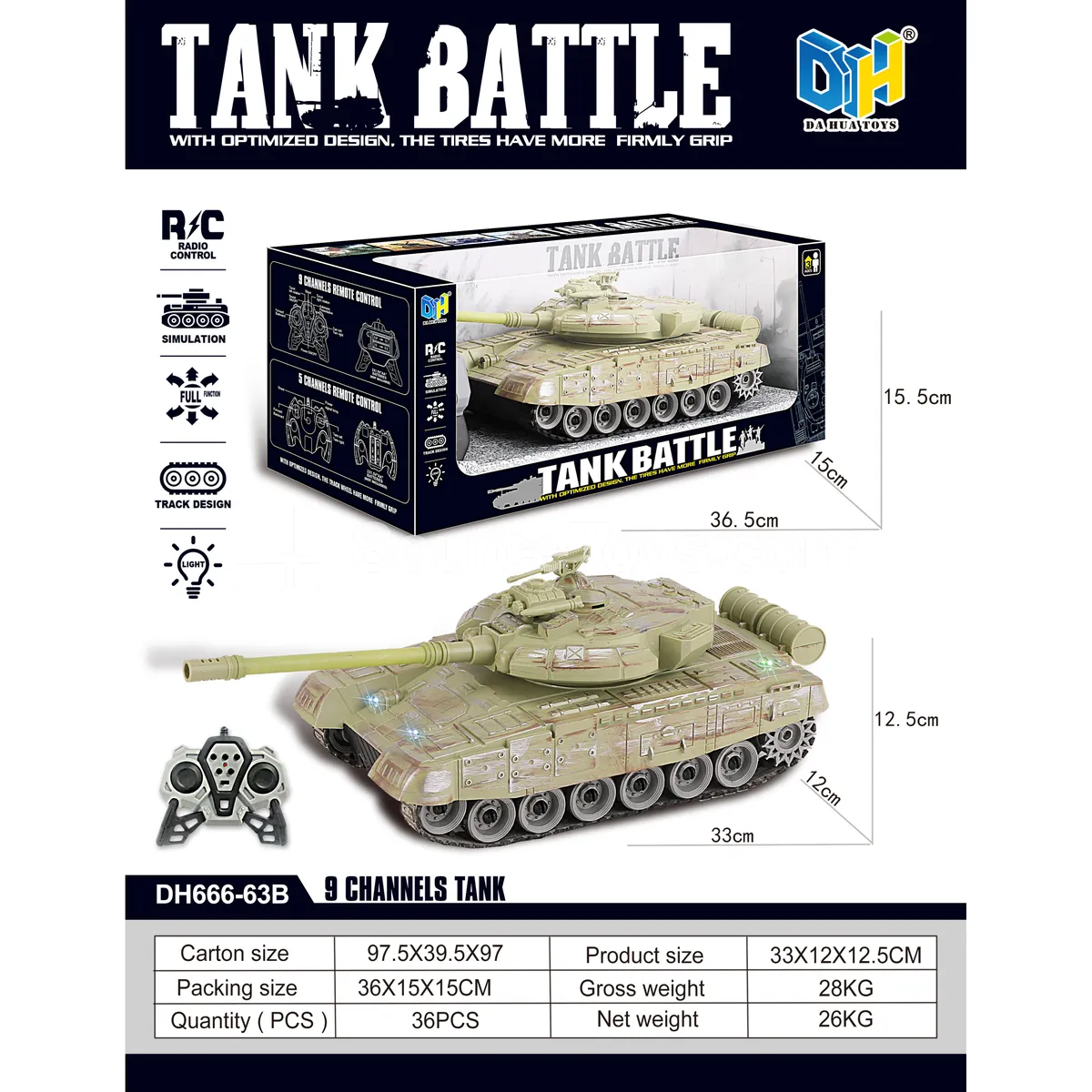 2.4G 9-Channel T90 Tank RC Vehicle with Lights & Music