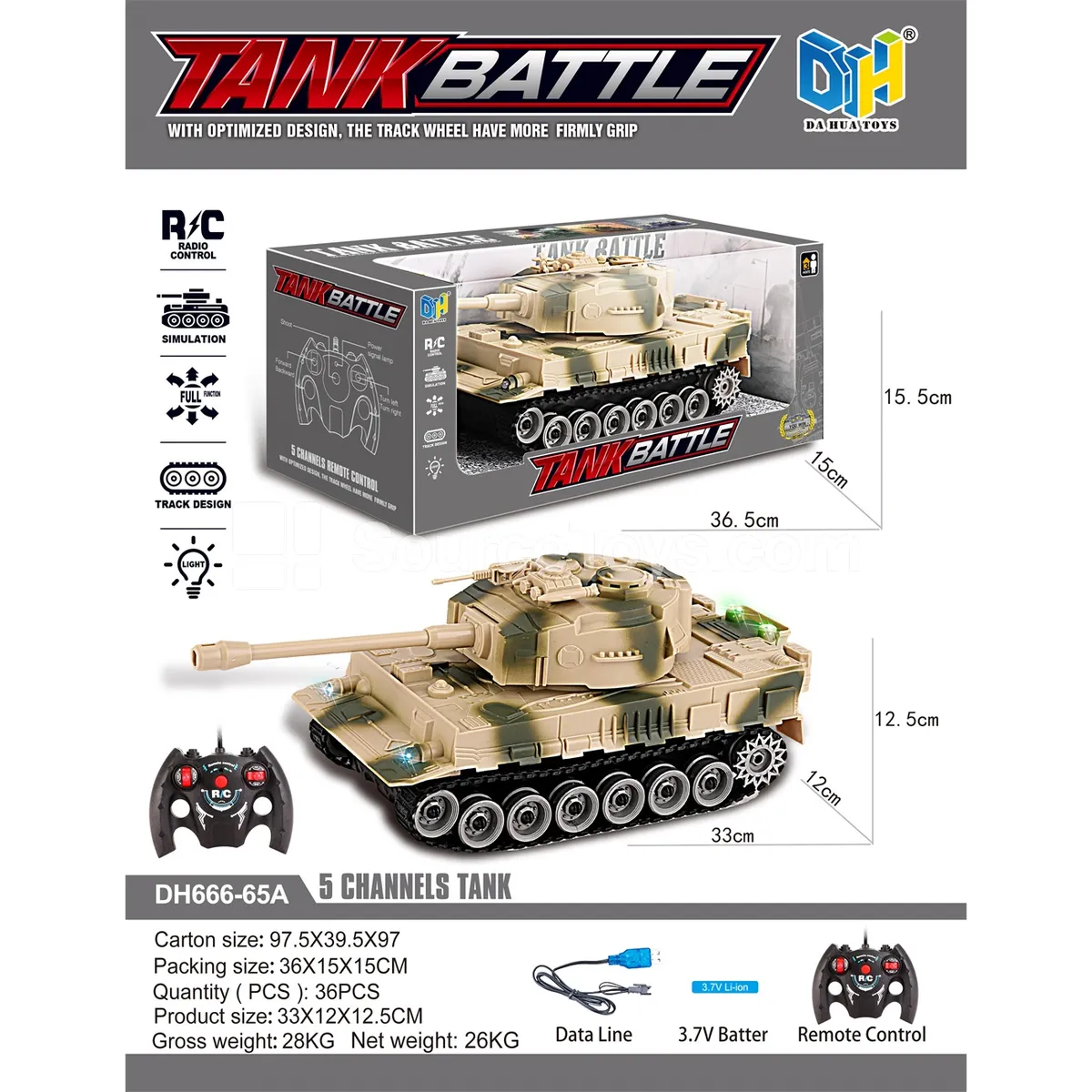 5-Channel Tiger Tank RC Truck Military Vehicle with Tracks, Battery Included