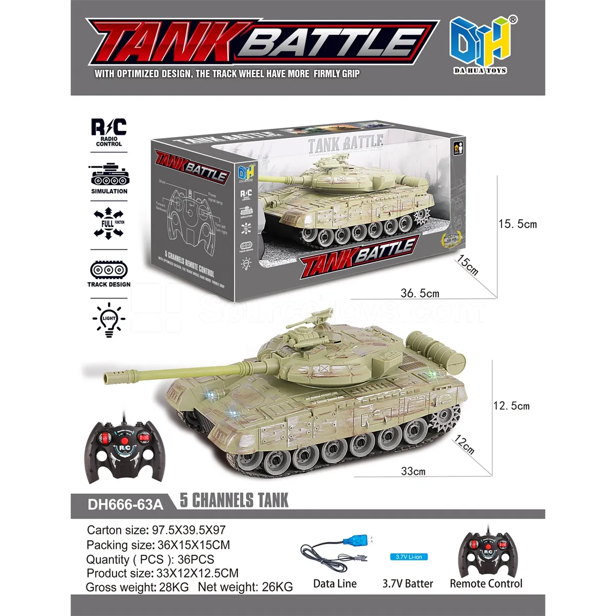 5-Channel T90 Tank RC Car Military Vehicle with Tracks