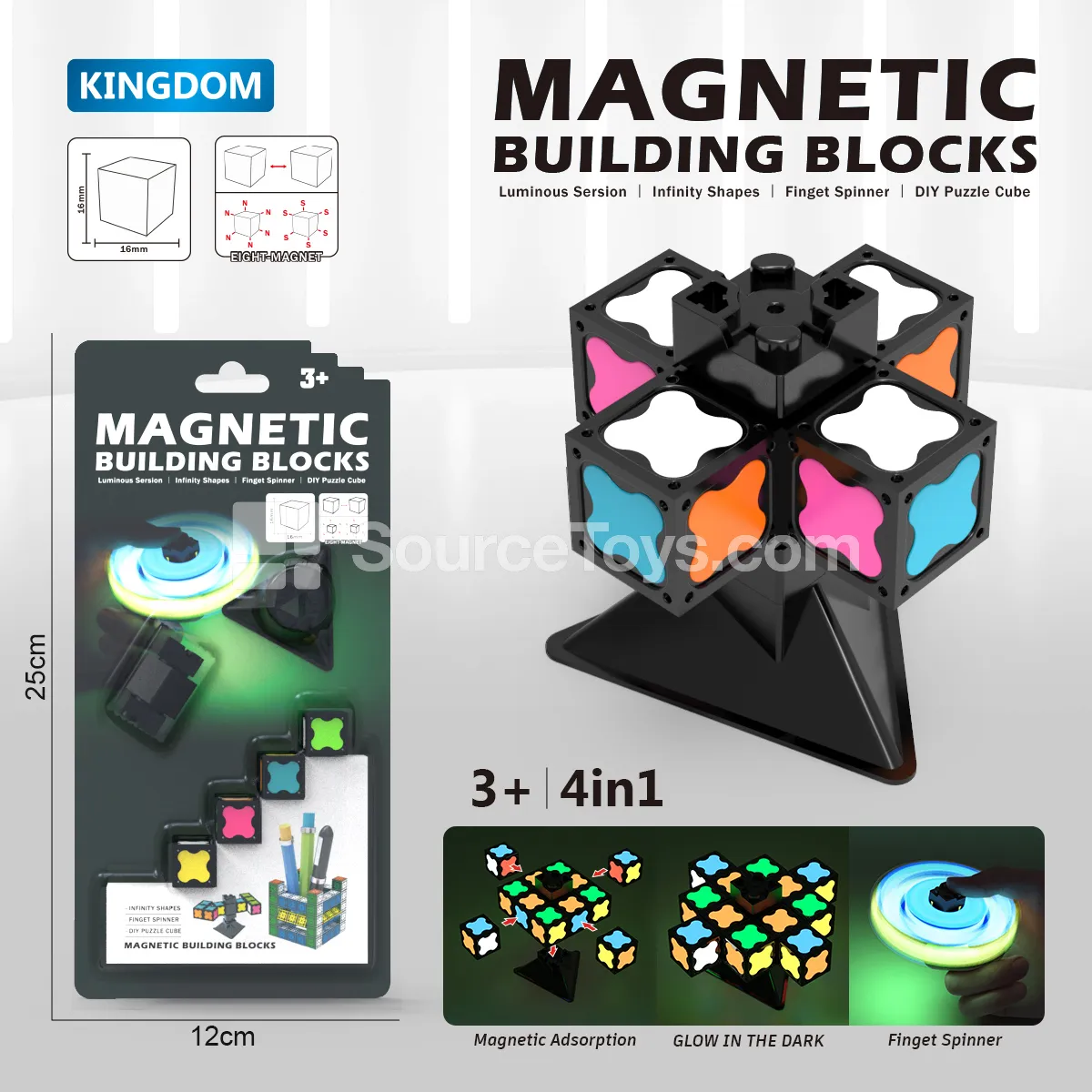 4PCS Glow-in-the-Dark Magnetic Building Blocks with Spinner