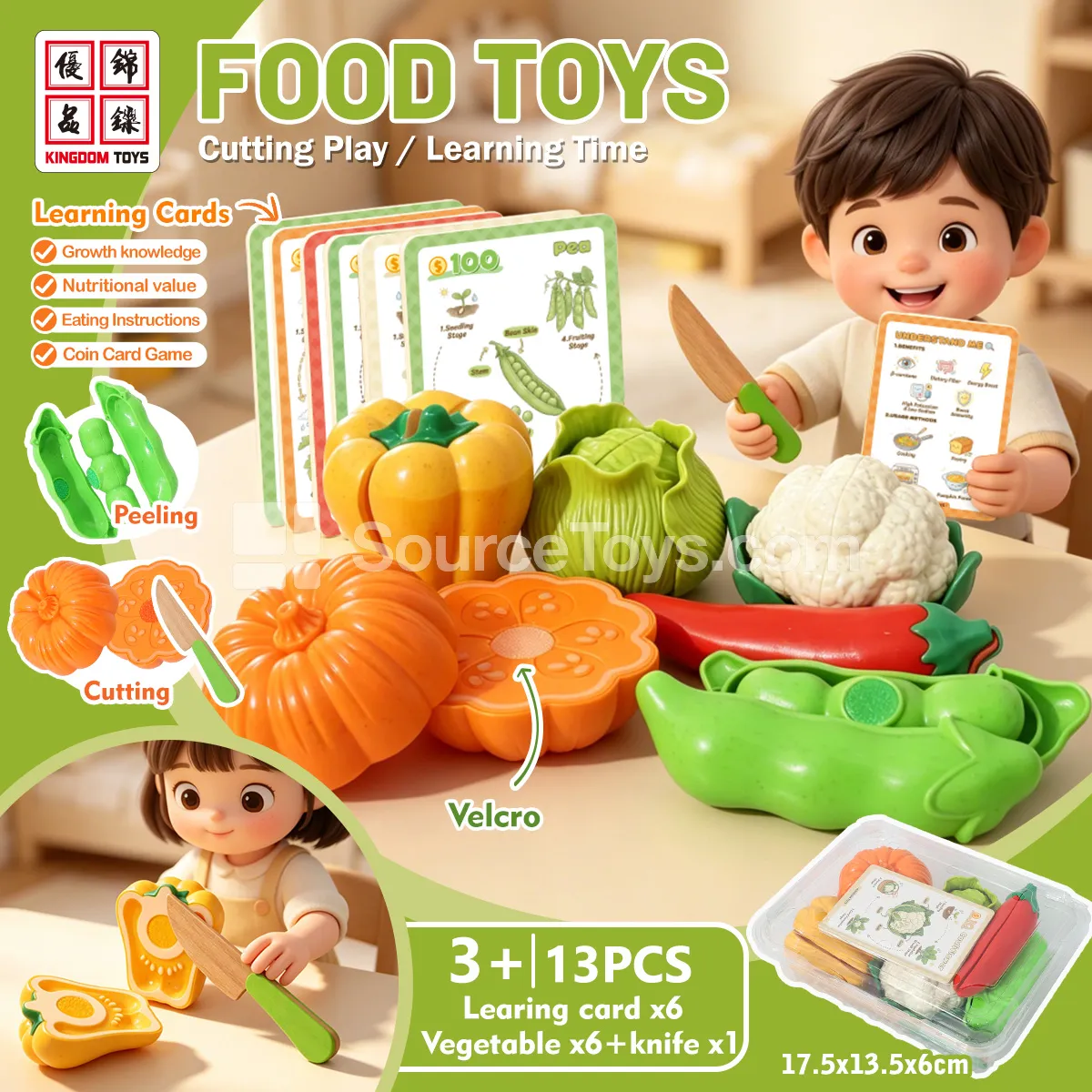 Vegetable Pretend-Play Cutting Set: Pumpkin, Cauliflower, Cabbage, Chili, Green Pepper, Pea