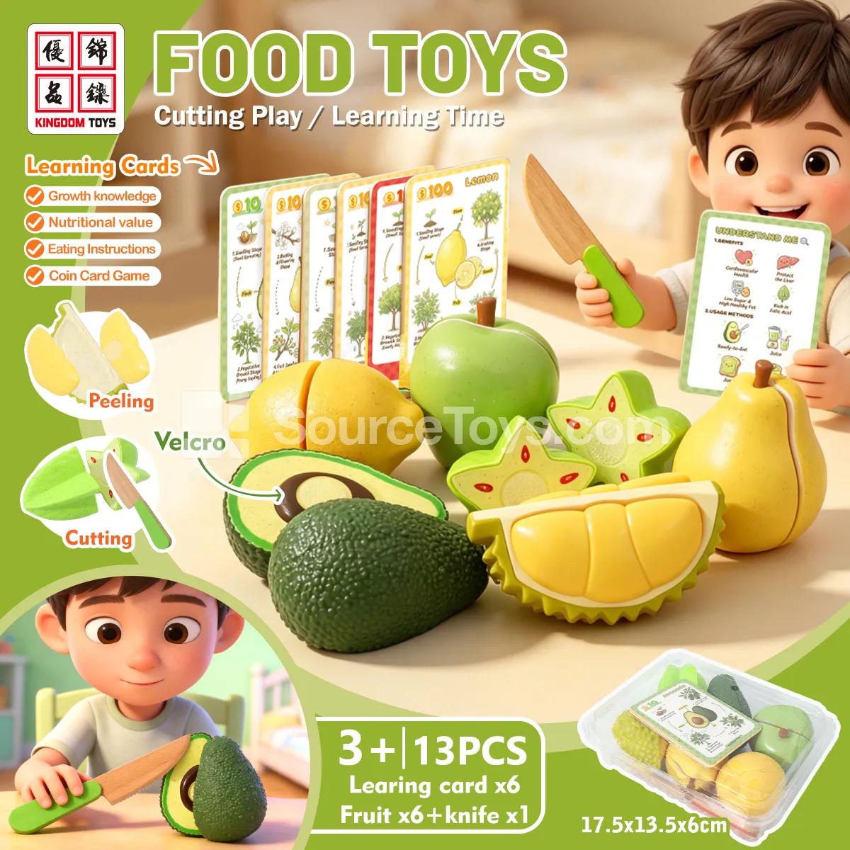 Fruit Cutting Pretend-Play Set: Avocado, Apple, Pear, Starfruit, Durian, Lemon