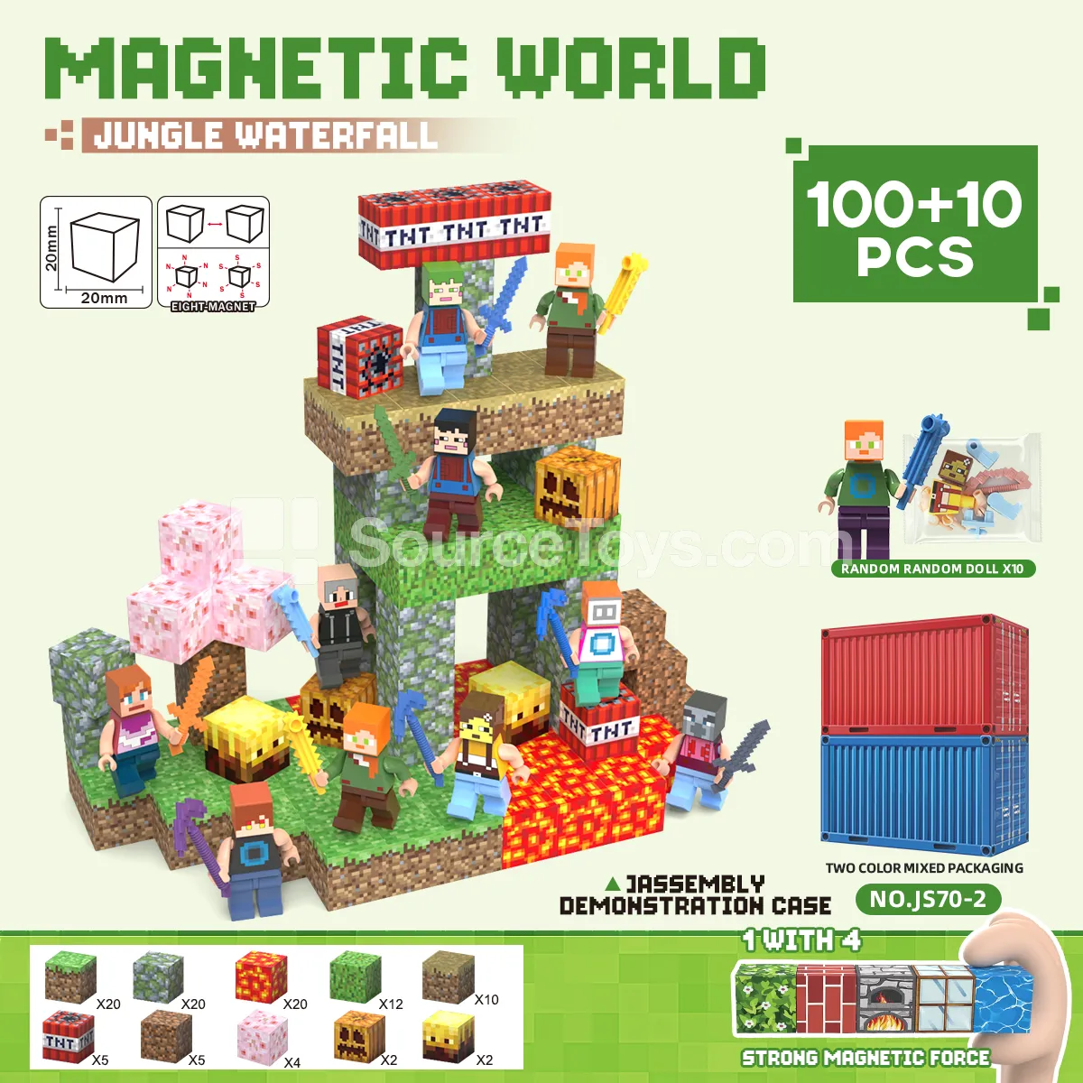 2cm Magnetic Building Block Set (Weak Magnet: 1 Pulls 3.4 Pieces): 100 Pcs + 10 Figures