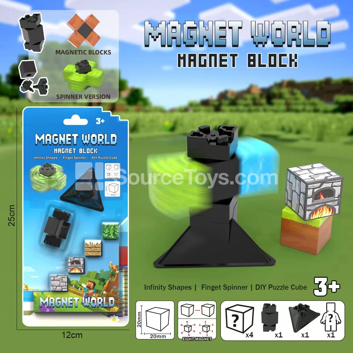 4PCS Magnetic Building Blocks with Spinner + 1 Tripod