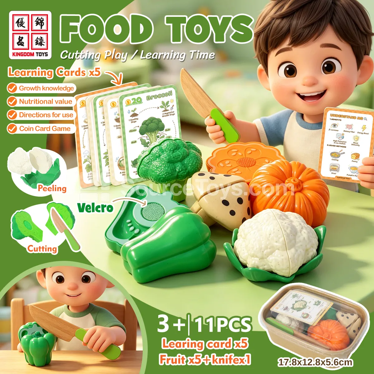 Pretend-Play Vegetable Cutting Set: Mushroom, Pumpkin, Cauliflower, Green Pepper, Broccoli