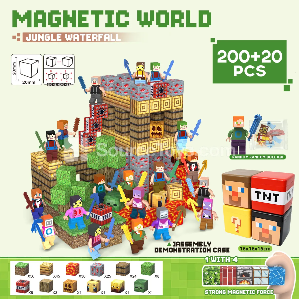 2cm Magnetic Building Blocks Set (Weak Magnet: 1 to 3.4 pcs): 200 pcs + 20 Figures
