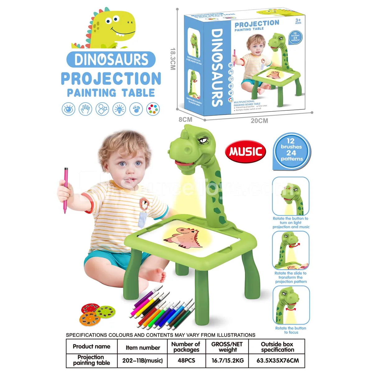 Green Dinosaur Projection Drawing Table with Music