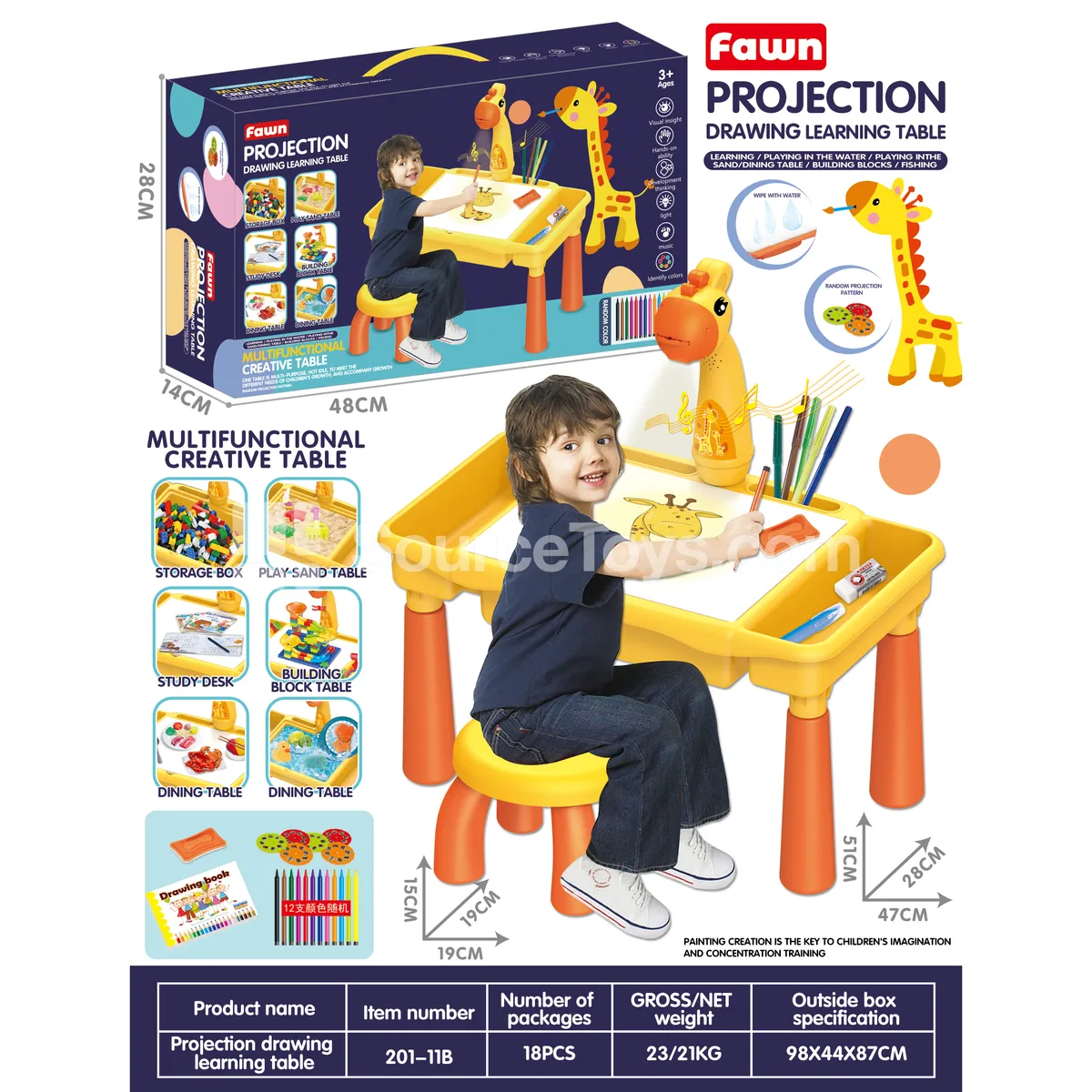 Projection Drawing Desk with Chair (Yellow, Music) – Educational Art Table for Kids