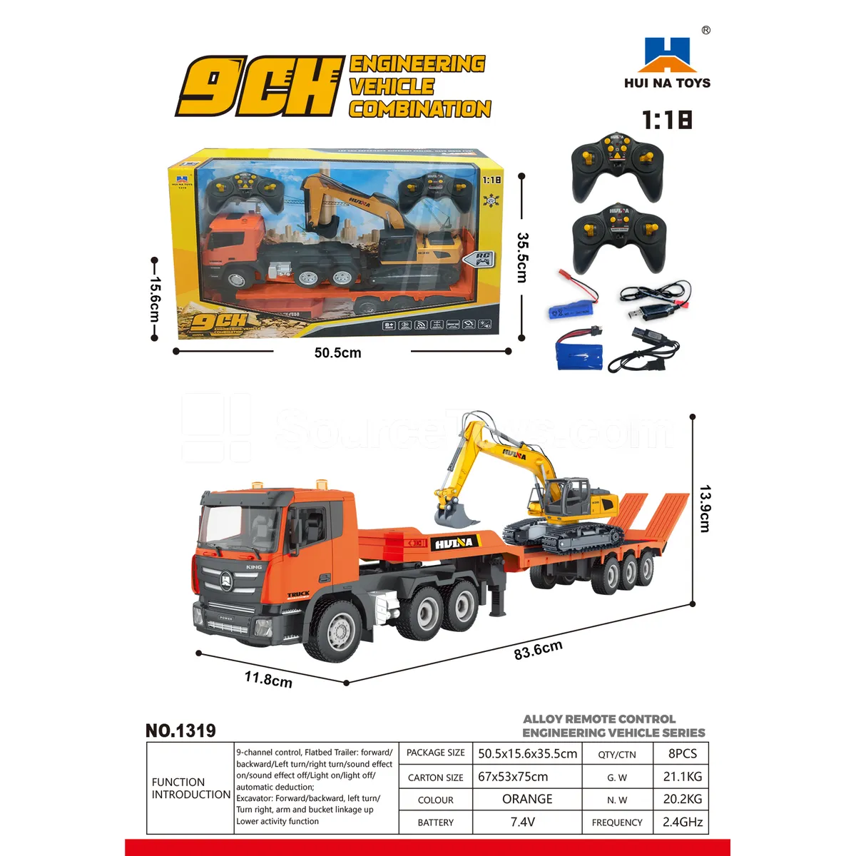1:18 9-Channel Alloy Remote Control Trailer Truck + Excavator