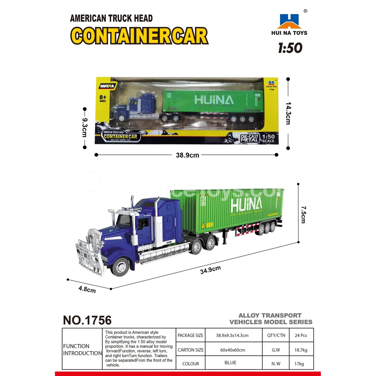 1:50 Alloy American Container Truck Static Model 1:50 Alloy American Container Truck Static Model
