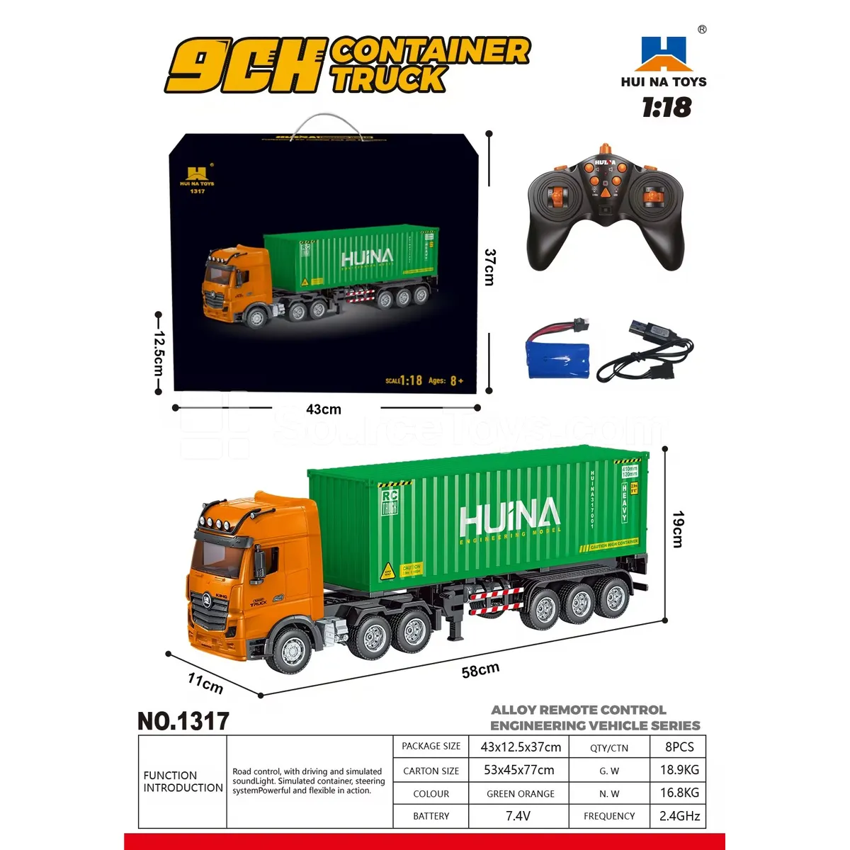 1:18 9-Channel Alloy Remote Control Container Truck