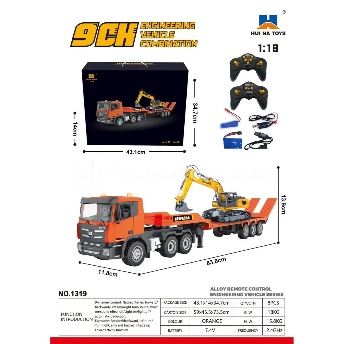 1:18 9-Channel Alloy Remote Control Truck & Excavator Set