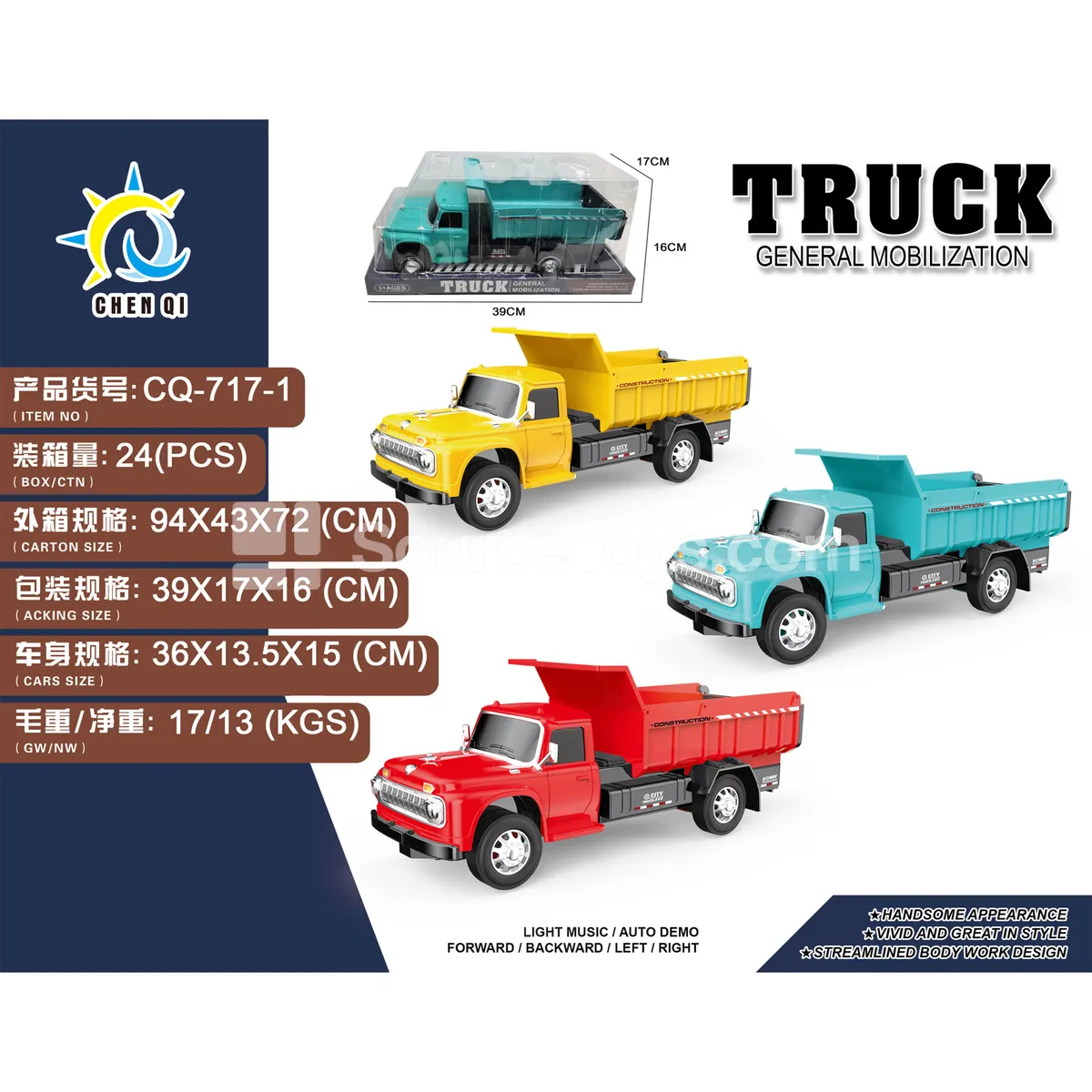 Inertia Truck 4-Wheel Red Yellow Blue 3-Color Assorted Inertia Truck 4-Wheel Red Yellow Blue 3-Color Assorted
