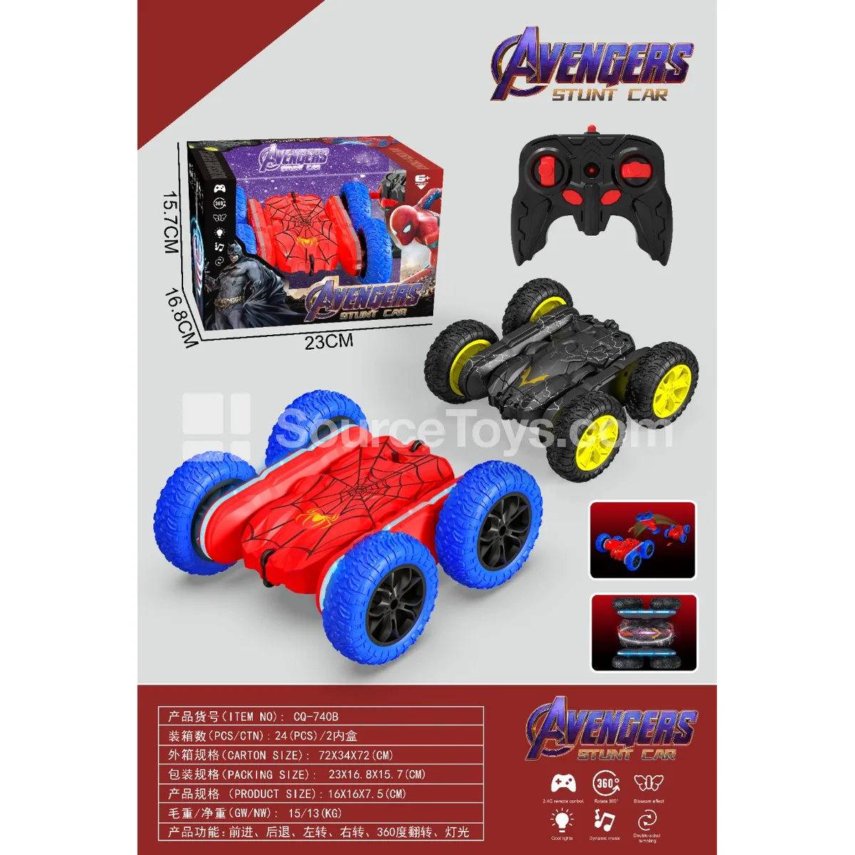 2.4G 4WD Stunt RC Car with LED Strip, USB Charging, 3.7V Battery