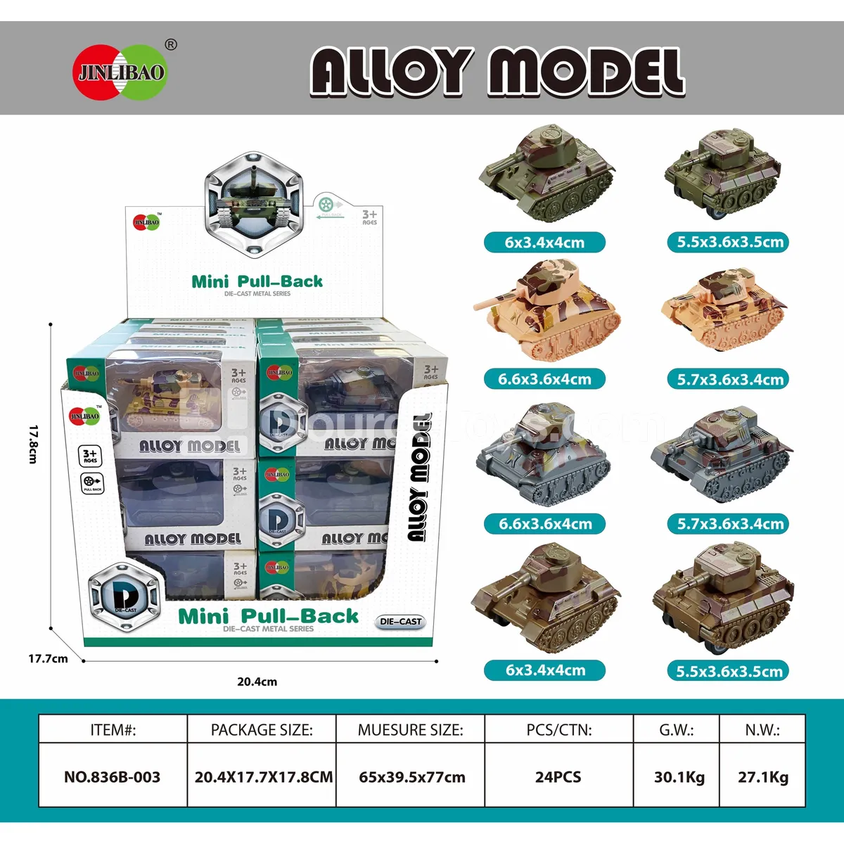 24PCS Display Box Mini Pull-Back Alloy Tank