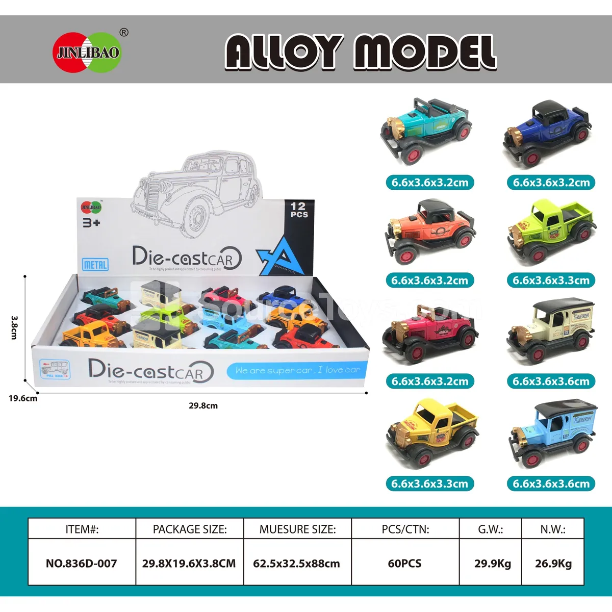 12pcs Display Box of Friction Powered Alloy Vintage Cars