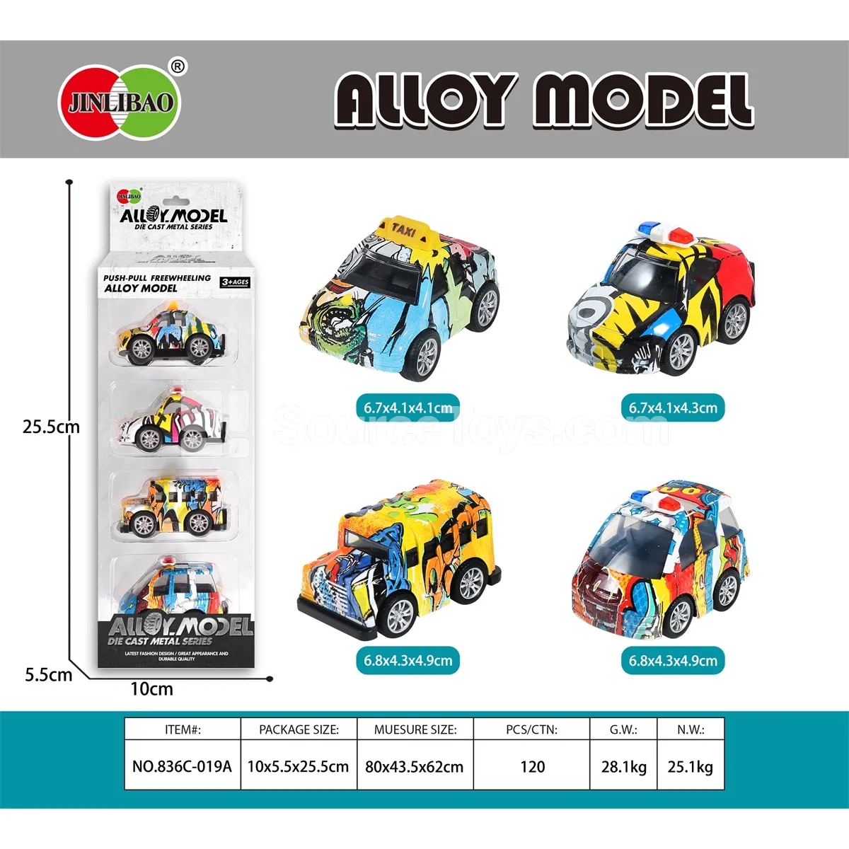4PCS Long Window Box Alloy Q-Style Pullback Graffiti City Cars