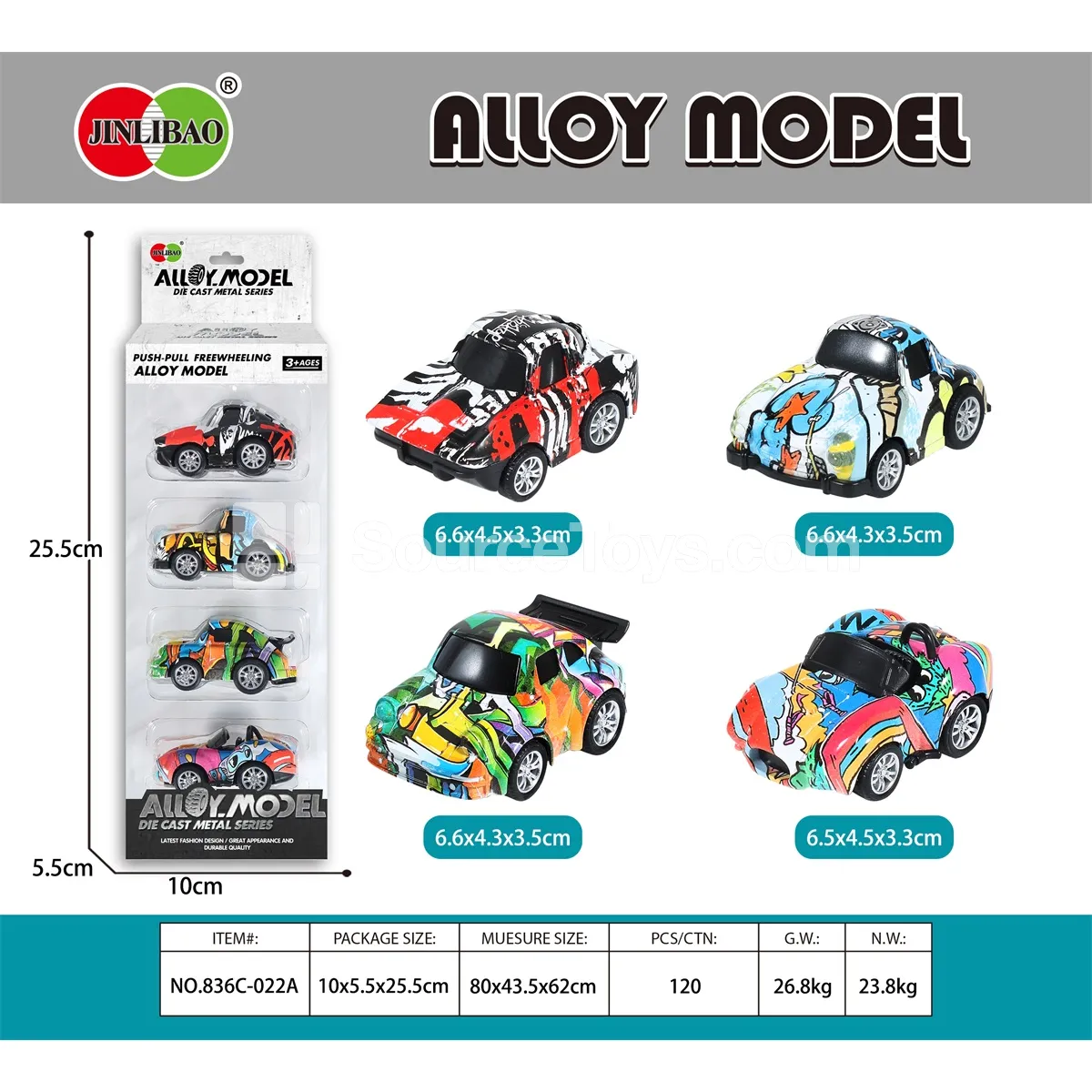 4PCS Alloy Q-Style Pull-Back Graffiti Sports Cars in Window Box