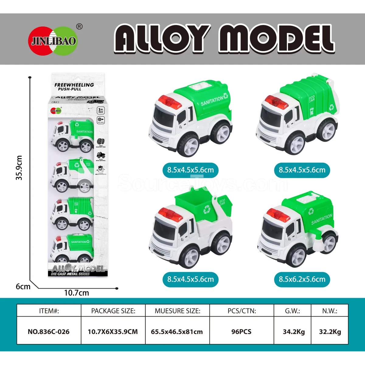 4PCS Alloy Pullback City Sanitation Vehicles in Window Box 4PCS Alloy Pullback City Sanitation Vehicles in Window Box