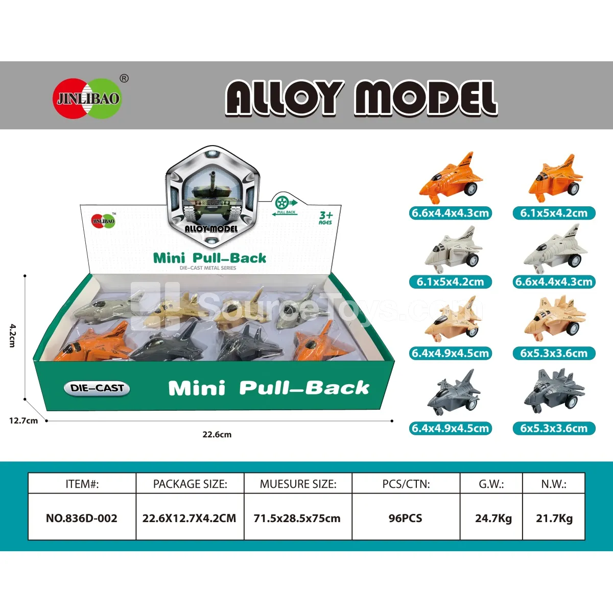 Mini Pull-Back Alloy Fighter Planes in Display Box, 8-Pack