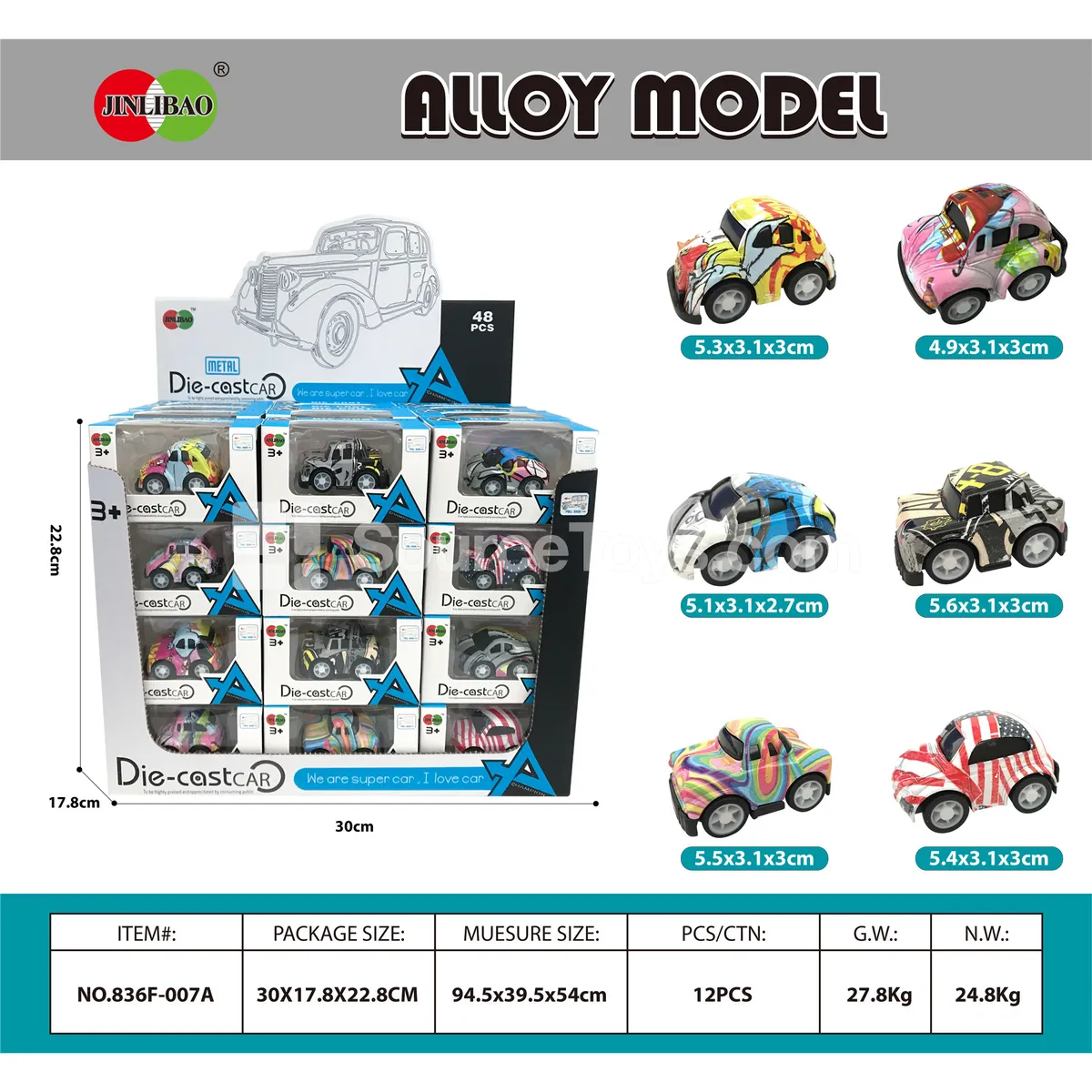 48PCS Display Box Mini Cartoon Graffiti Pull-Back Alloy Cars