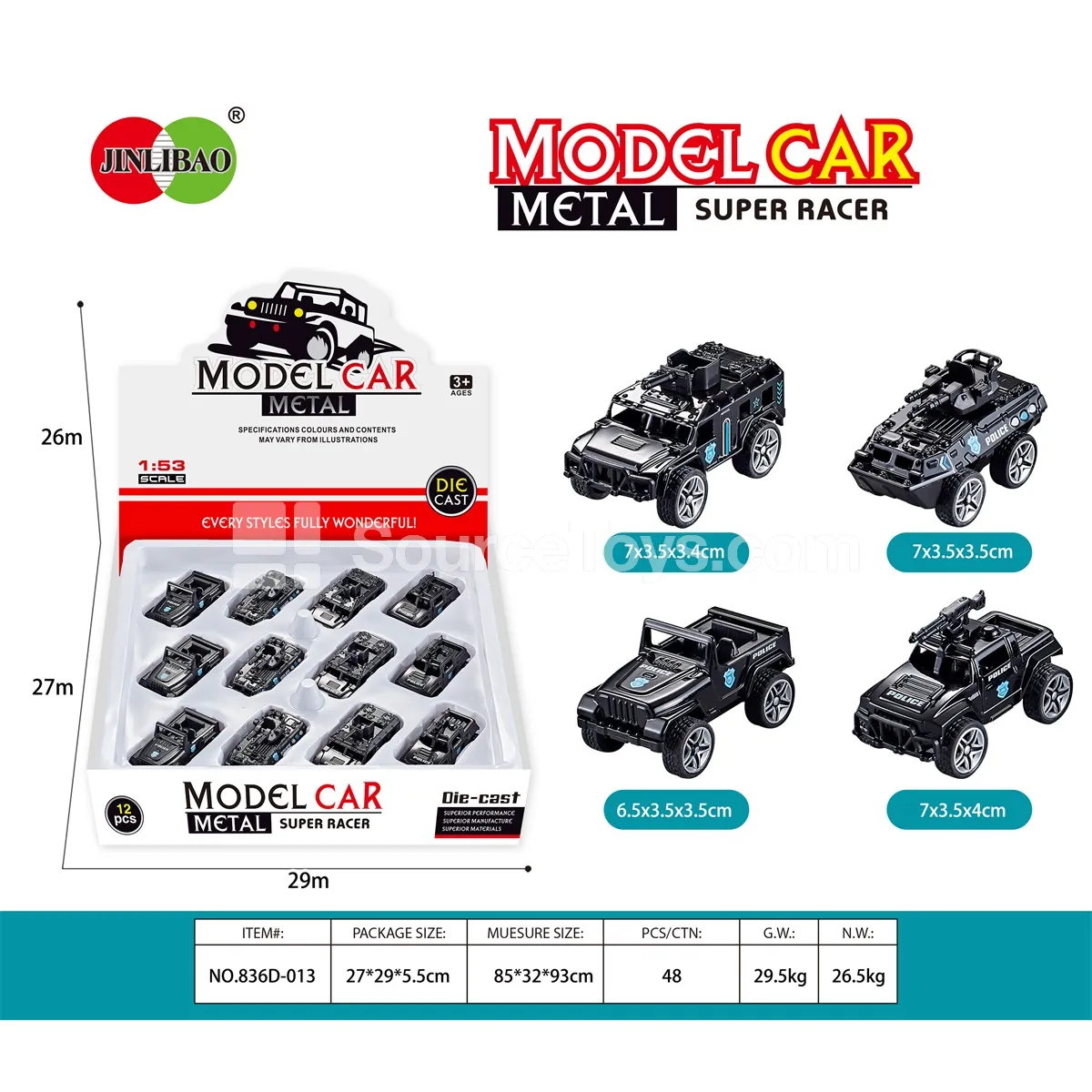 12pcs Display Box Friction Alloy Police Cars