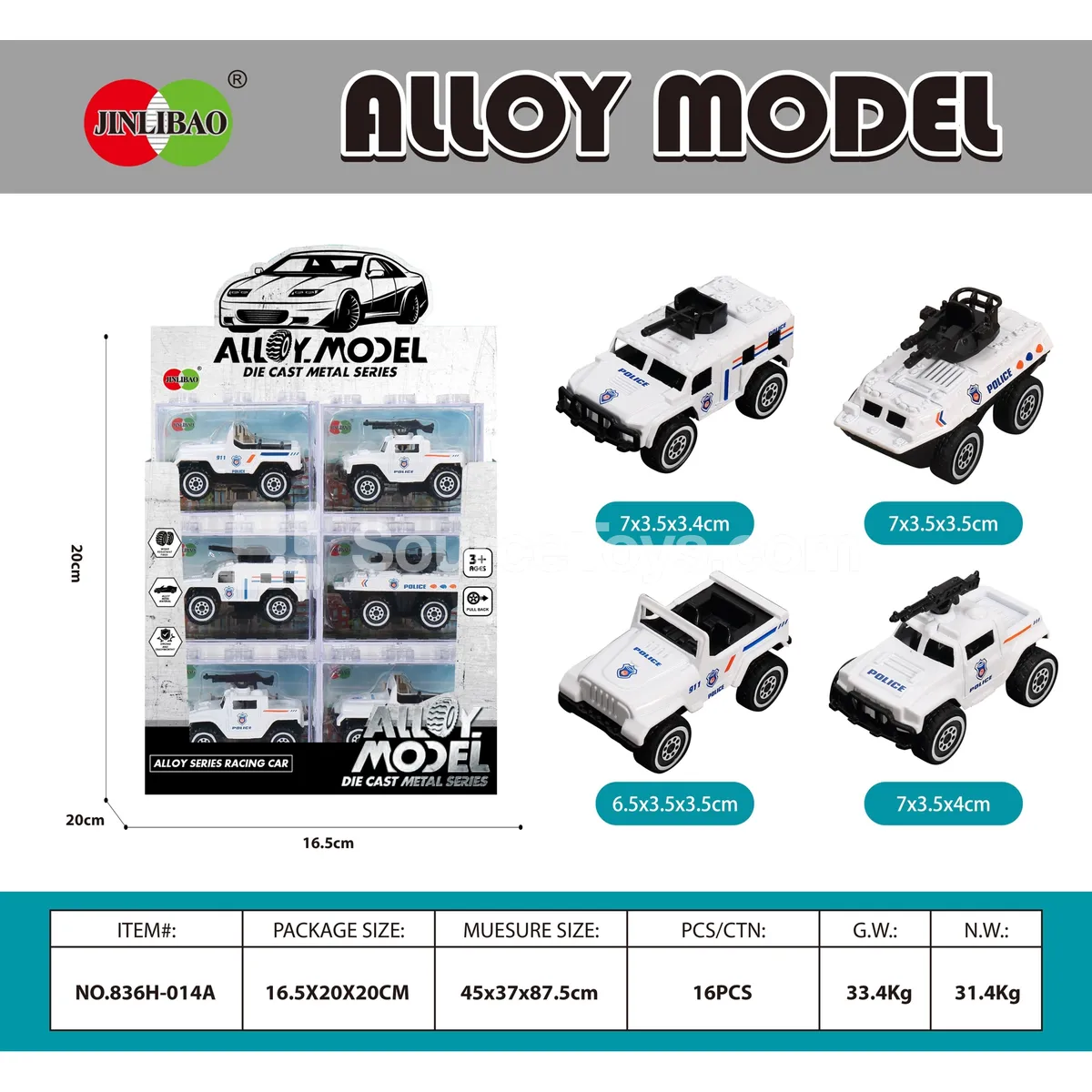 24PCS ABS Building Blocks Alloy Slide White Police Car