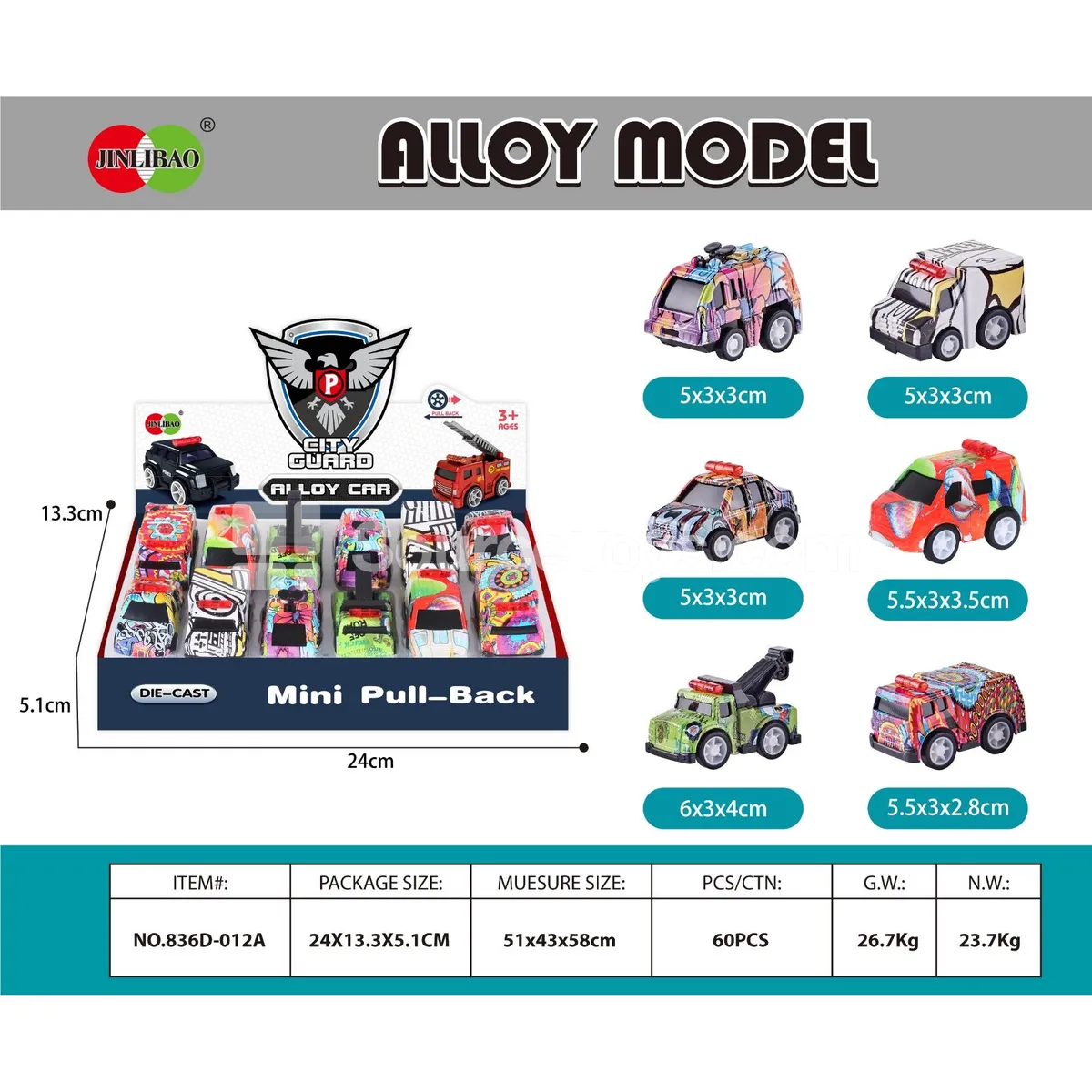 Mini Graffiti Pull-Back Alloy Municipal Vehicle Set of 12 in Display Box