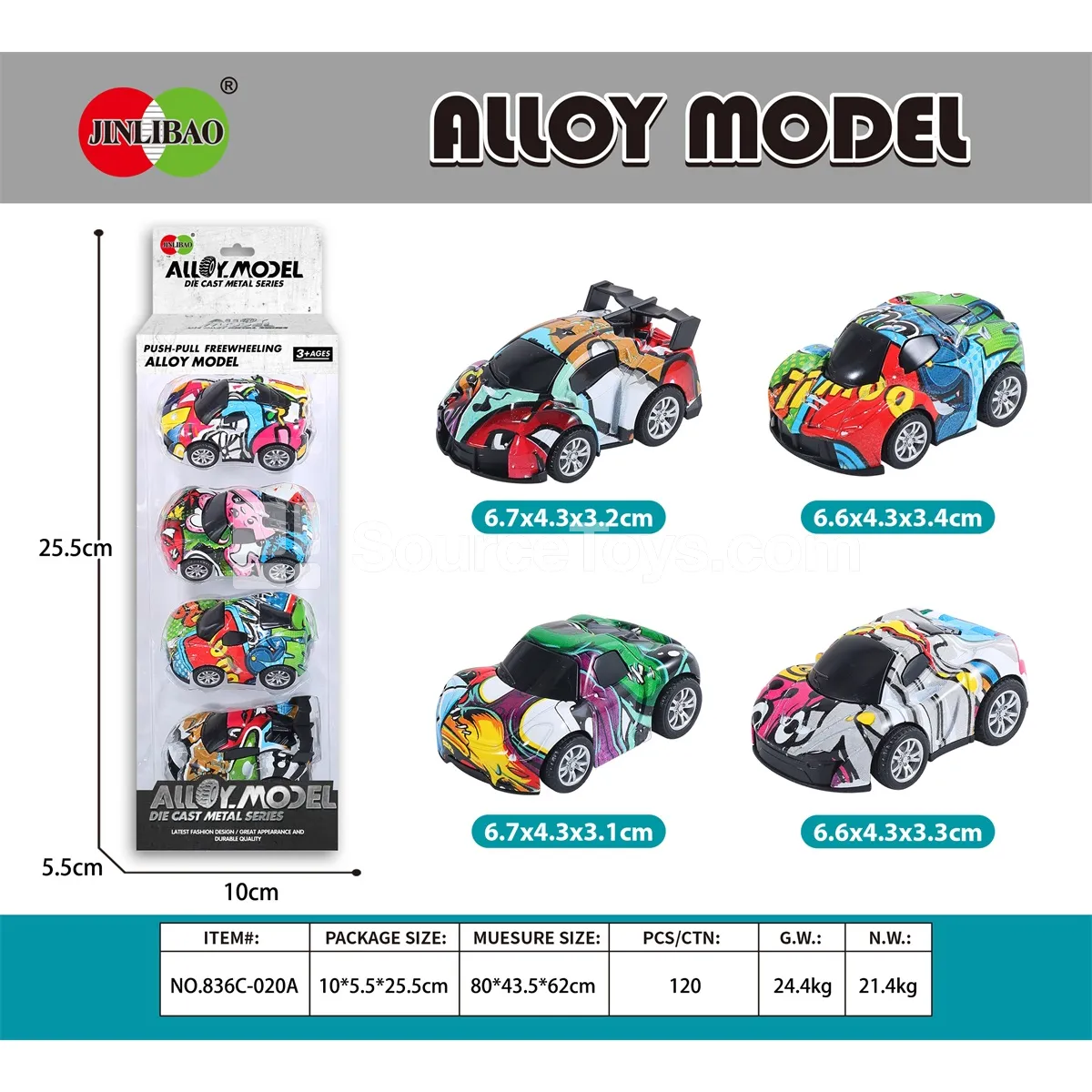 4PCS Alloy Cartoon Style Pull-Back Graffiti Sports Car in Window Box