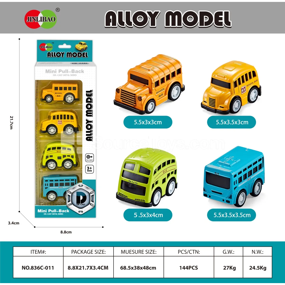 4PCS Mini Pullback Alloy School Bus in Window Box 4PCS Mini Pullback Alloy School Bus in Window Box