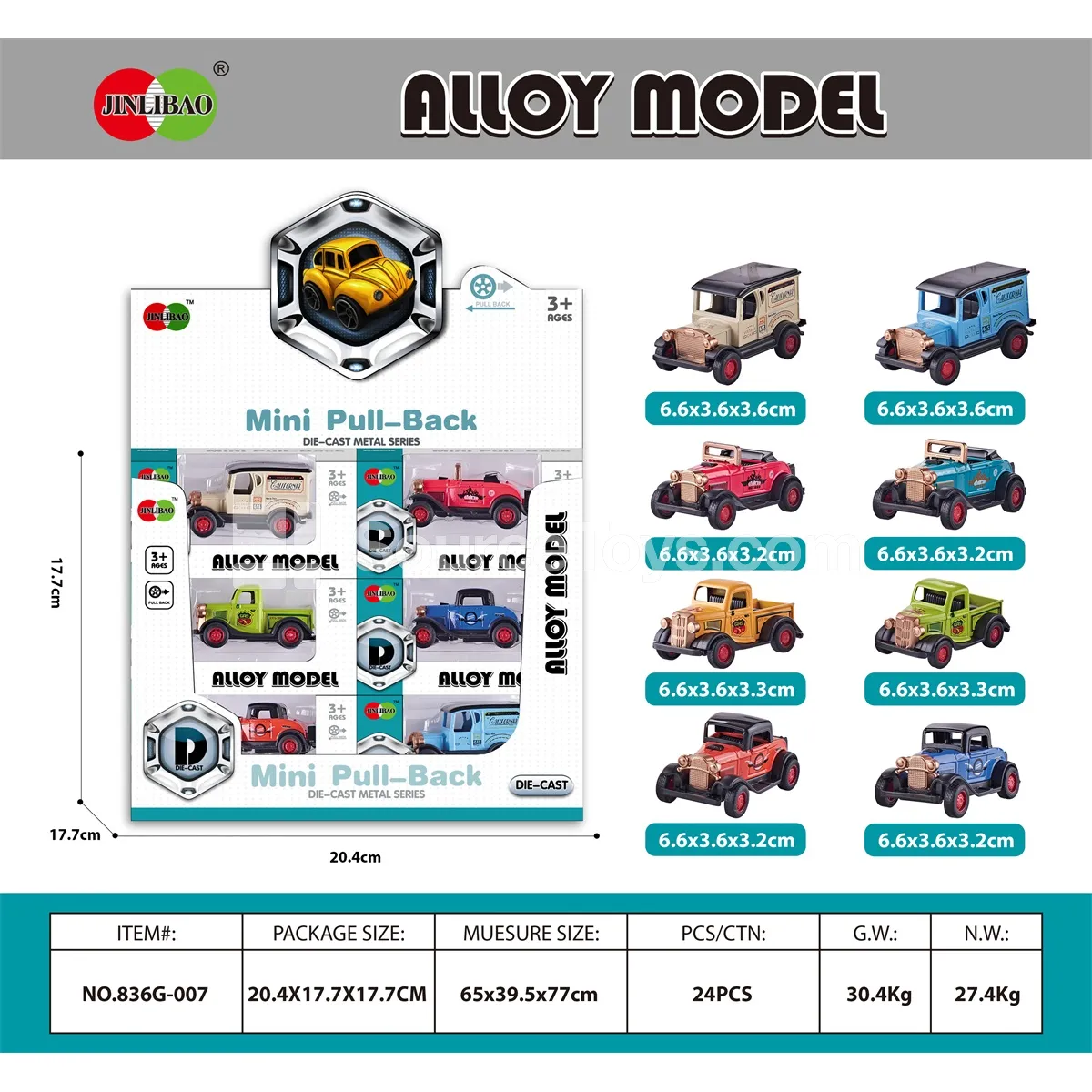 24-Pack Display Box Pullback Alloy Vintage Cars 24-Pack Display Box Pullback Alloy Vintage Cars