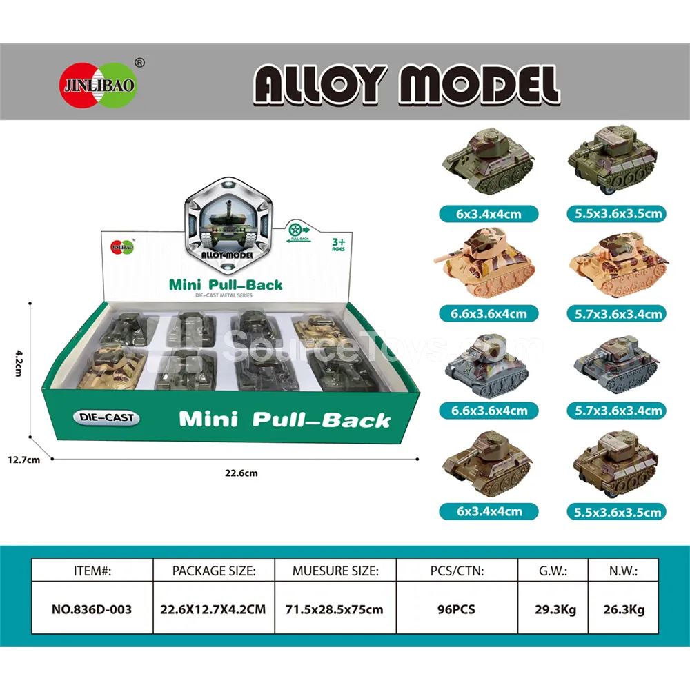 Mini Die-Cast Pull-Back Tank in Display Box, 8 Pcs Mini Die-Cast Pull-Back Tank in Display Box, 8 Pcs
